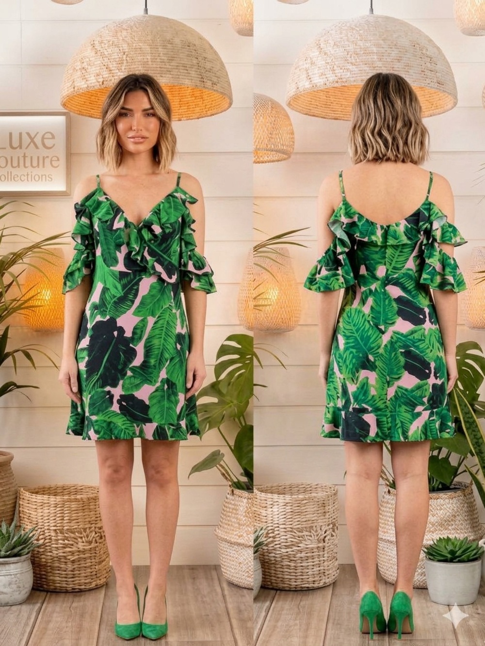 Boohoo Green Tropical Leaf Ruffle Mini Dress